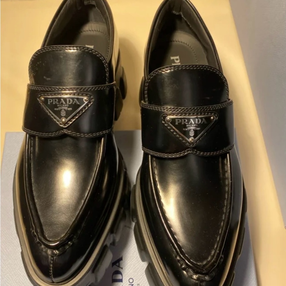 Prada Women’s Monolith Leather Black Glossy Slip-On Loafers - Picture 2 of 7